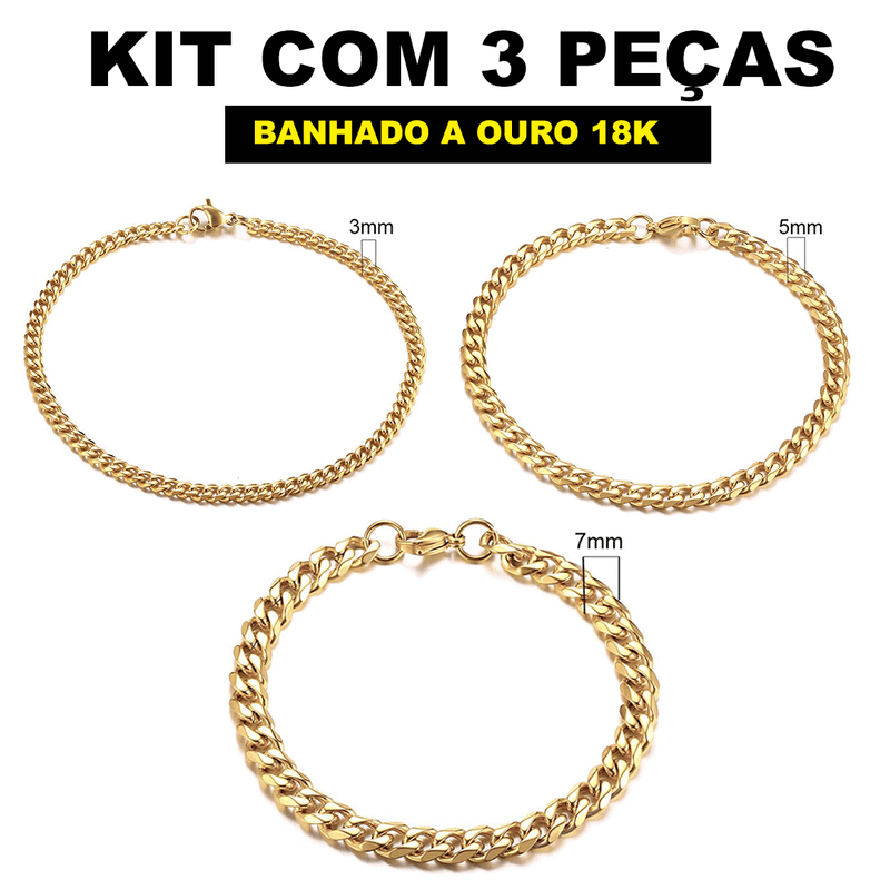 Kit Pulseira aço inoxidável e Banhado a Ouro Elegancy- Banhado a ouro- aço inoxidável-kit- banhado a ouro-Pulseira 7m- Pulseira 9m- Pulseira 11m